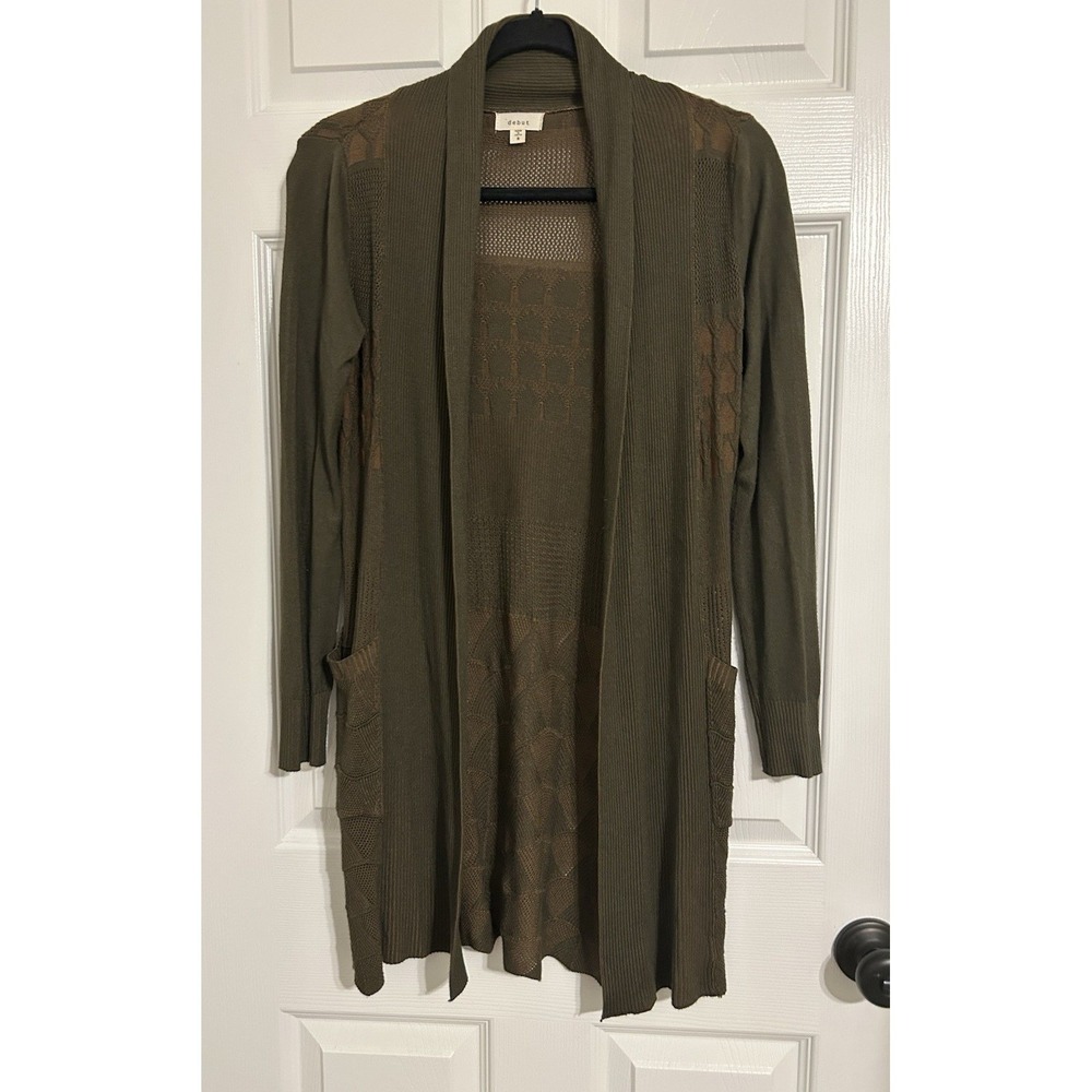 debut Olive Patterned Knit Open Front Cardigan Sweater Pockets‎ Lightweight S